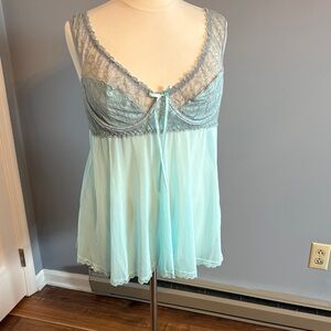 Sheer Lace-Trim Babydoll Chemise in Light Aqua